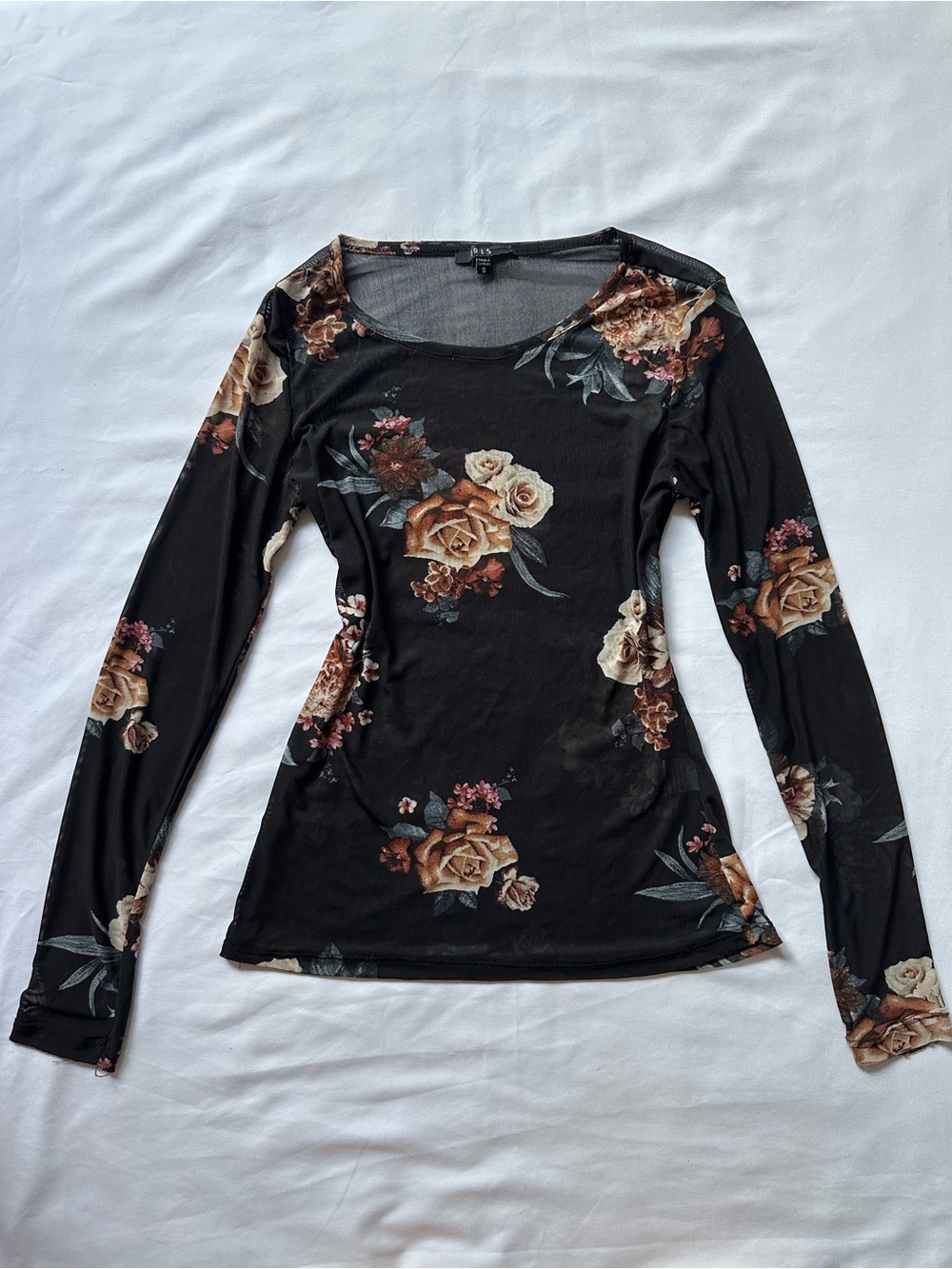 iris Black Long-Sleeve Scoop Neck Top with Roses